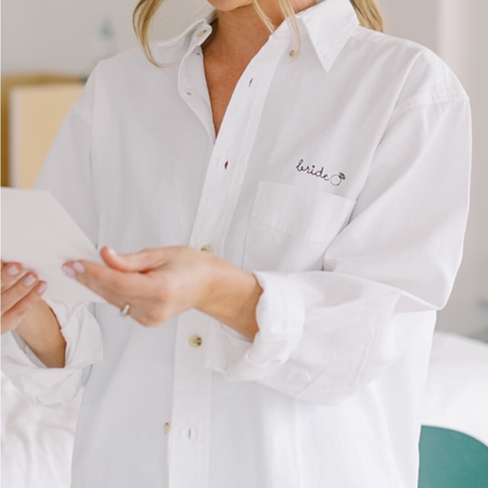 White Button-Up Shirt with “Bride” Embroidered